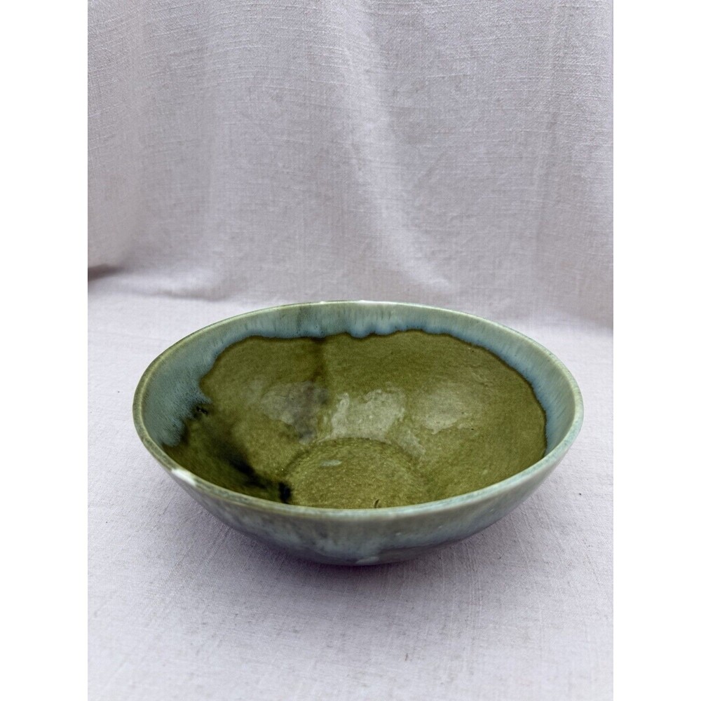 Vintage Studio Pottery Bowl Green Stoneware Artisan Ceramic 8”